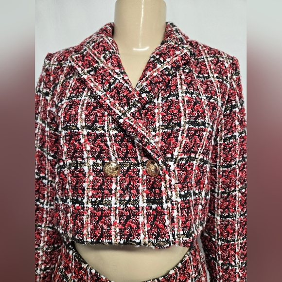 Shein S 4 Skirt Suit Plaid Textured Tweed Red Black White Lined Cropped - Picture 3 of 8